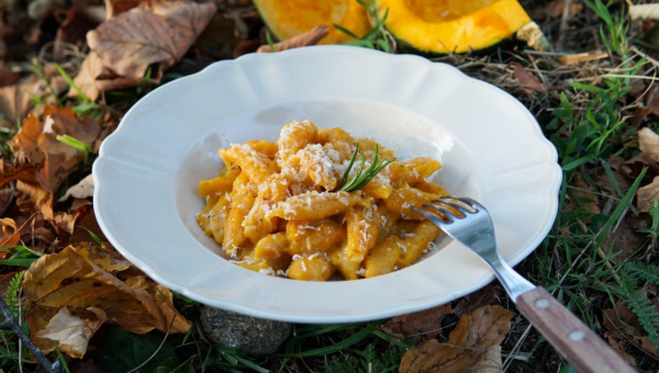 piatto di ceramica bianca contenente gnocchi di zucca burro  e salvia con una spolverata di formaggio grana grattuggiato
